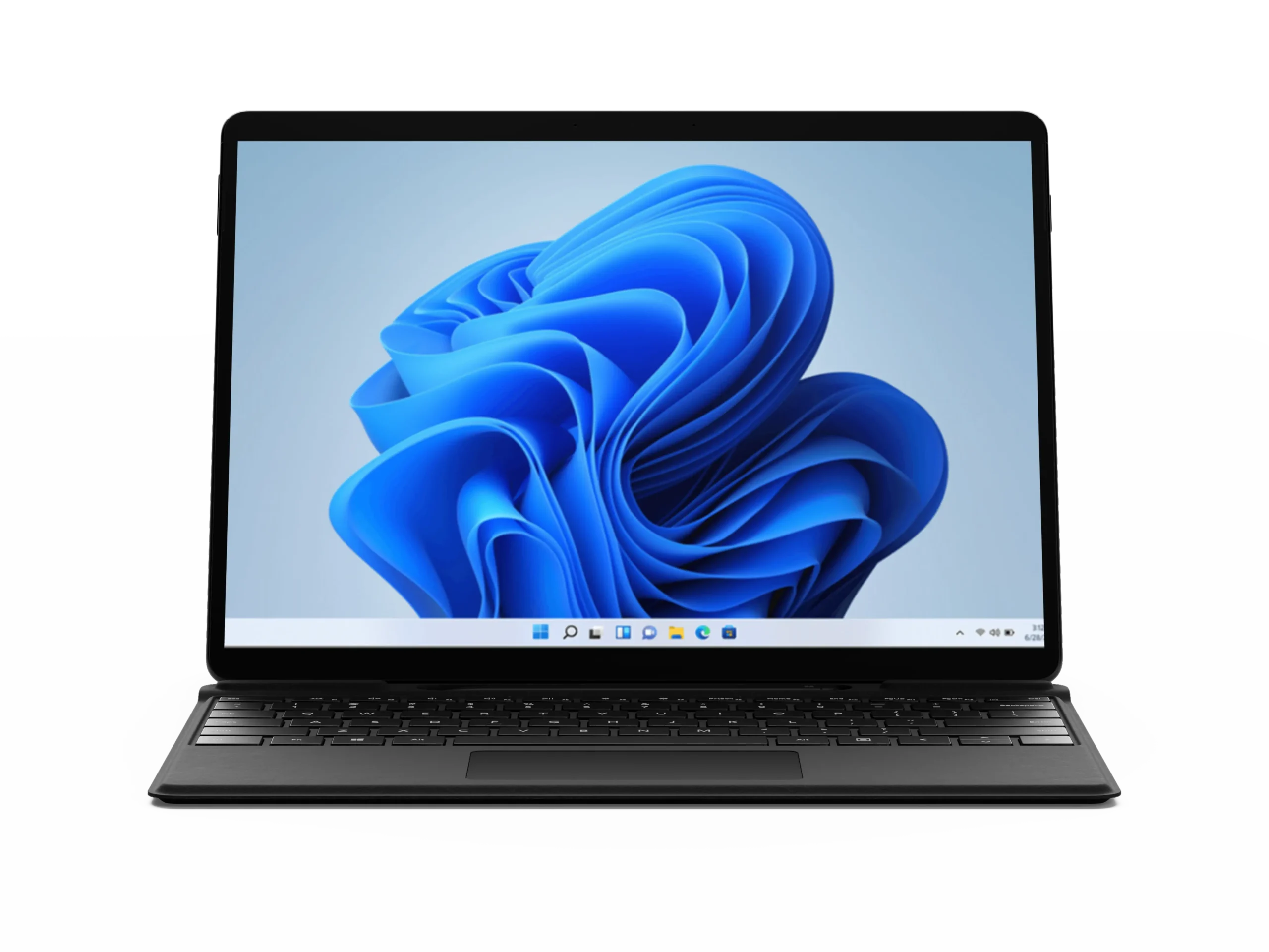 Black Windows Surface Pro X laptop open with the Windows 11 desktop displayed.